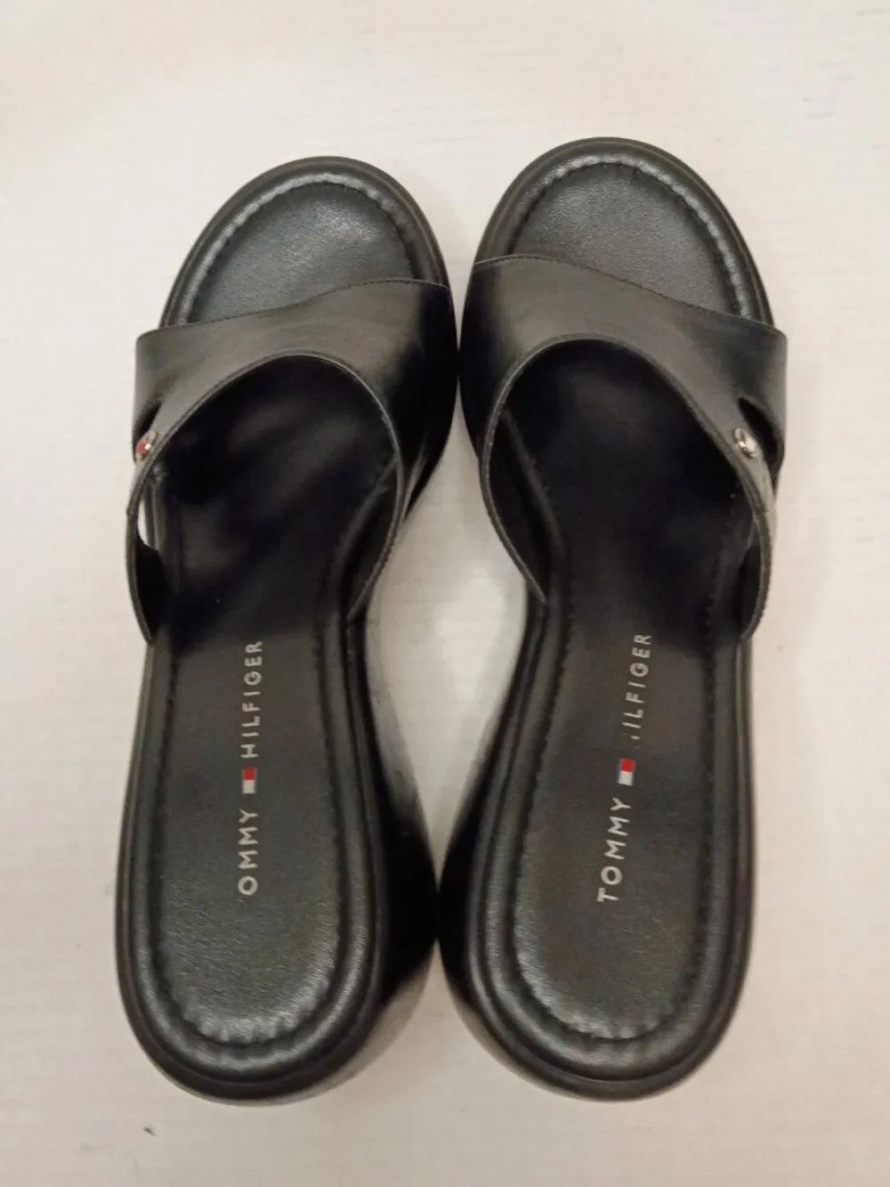 Tommy Hilfiger Black Leather Y2K Platform Wedge Slides Women’s Size 9M